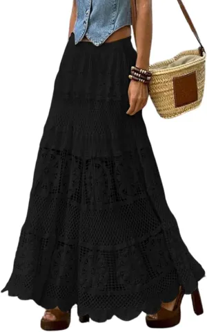 Melliflo Women's Western Floral Lace Crochet Knit Maxi Skirt Boho A-Line Eyelet Hippie Flowy Long Skirts