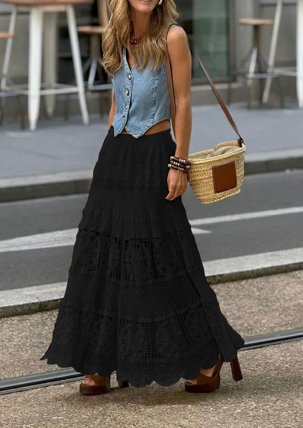 Melliflo Women's Western Floral Lace Crochet Knit Maxi Skirt Boho A-Line Eyelet Hippie Flowy Long Skirts