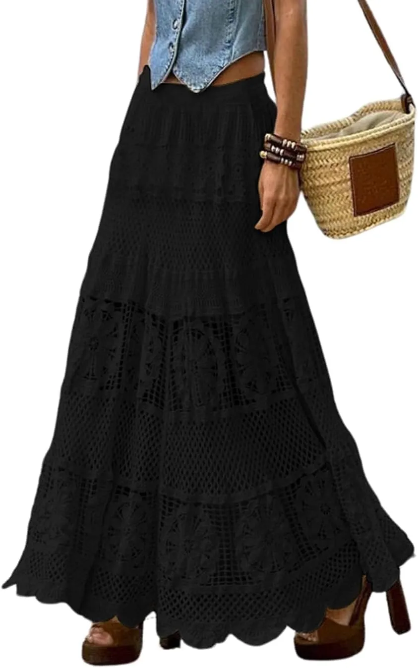Melliflo Women's Western Floral Lace Crochet Knit Maxi Skirt Boho A-Line Eyelet Hippie Flowy Long Skirts