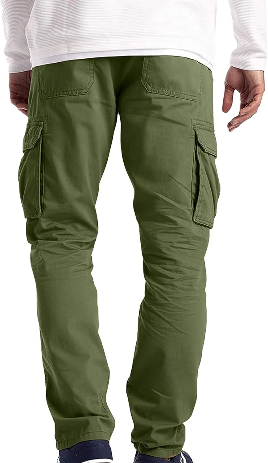 Mens Casual Cargo Pants Solid Color Cotton Linen Trousers Straight Leg Joggers Outdoor Wearing Pants with Pockets