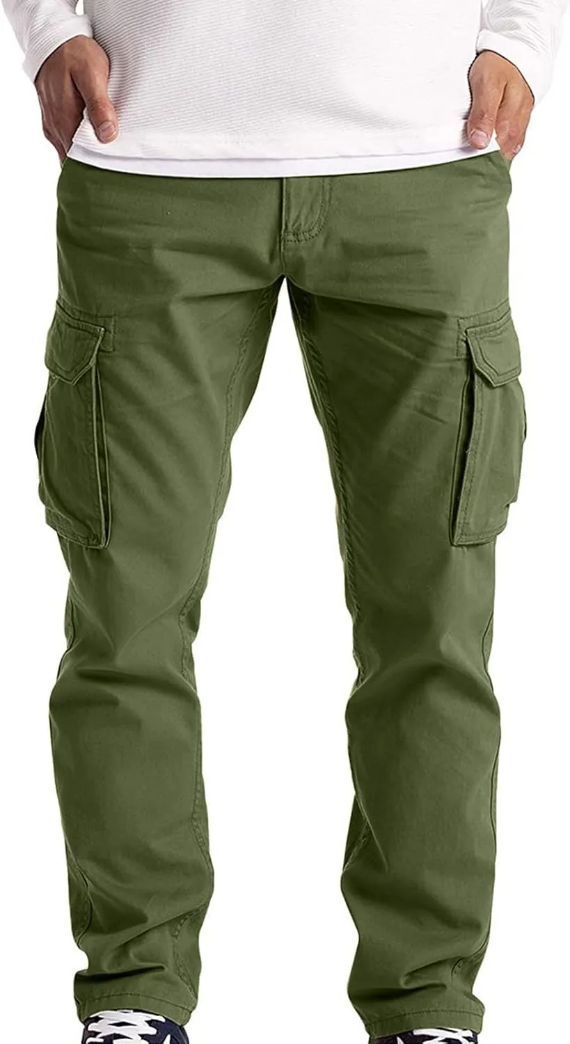 Mens Casual Cargo Pants Solid Color Cotton Linen Trousers Straight Leg Joggers Outdoor Wearing Pants with Pockets