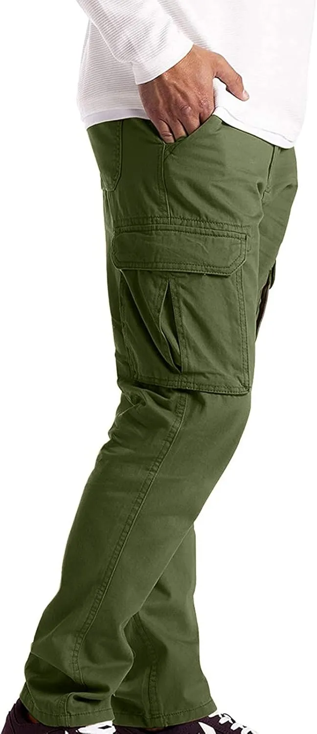 Mens Casual Cargo Pants Solid Color Cotton Linen Trousers Straight Leg Joggers Outdoor Wearing Pants with Pockets