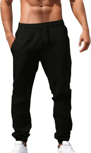 Men's Casual Cotton Linen Pants Hiking Joggers Elastic Waist Loose Fit Trousers Lightweight Yoga Beach Pants