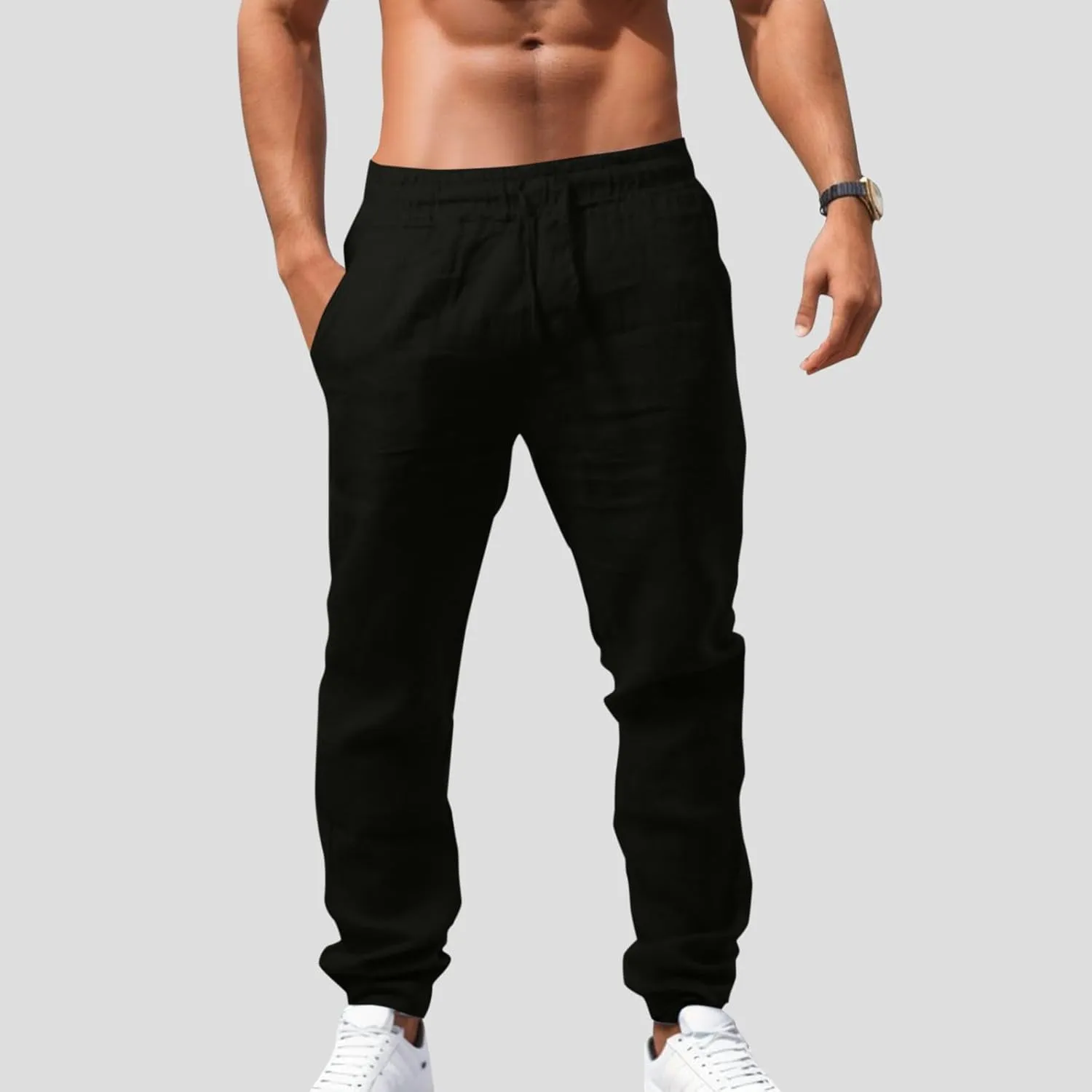 Men's Casual Cotton Linen Pants Hiking Joggers Elastic Waist Loose Fit Trousers Lightweight Yoga Beach Pants