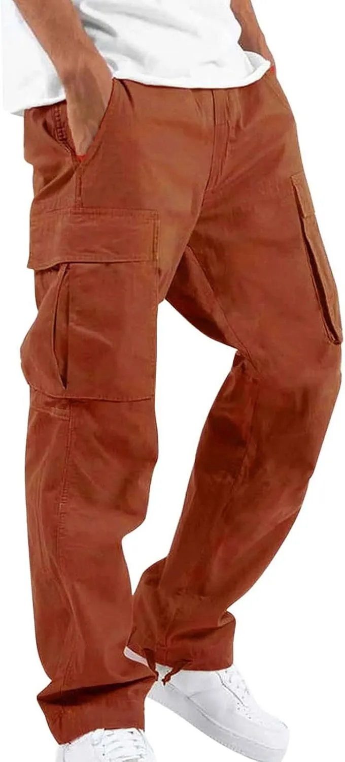 Mens Casual Waist Color Sports Cargo Pants Outdoor Wearing Pants with Pockets Joggers Loose Fit Hiking Trousers