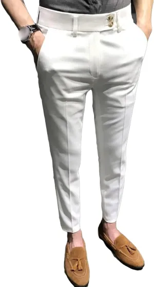 Men's Chino Flat-Front Slim-Fit Pant Stretch Business Suit Pants Comfy Casual Straight Pants (30,White)