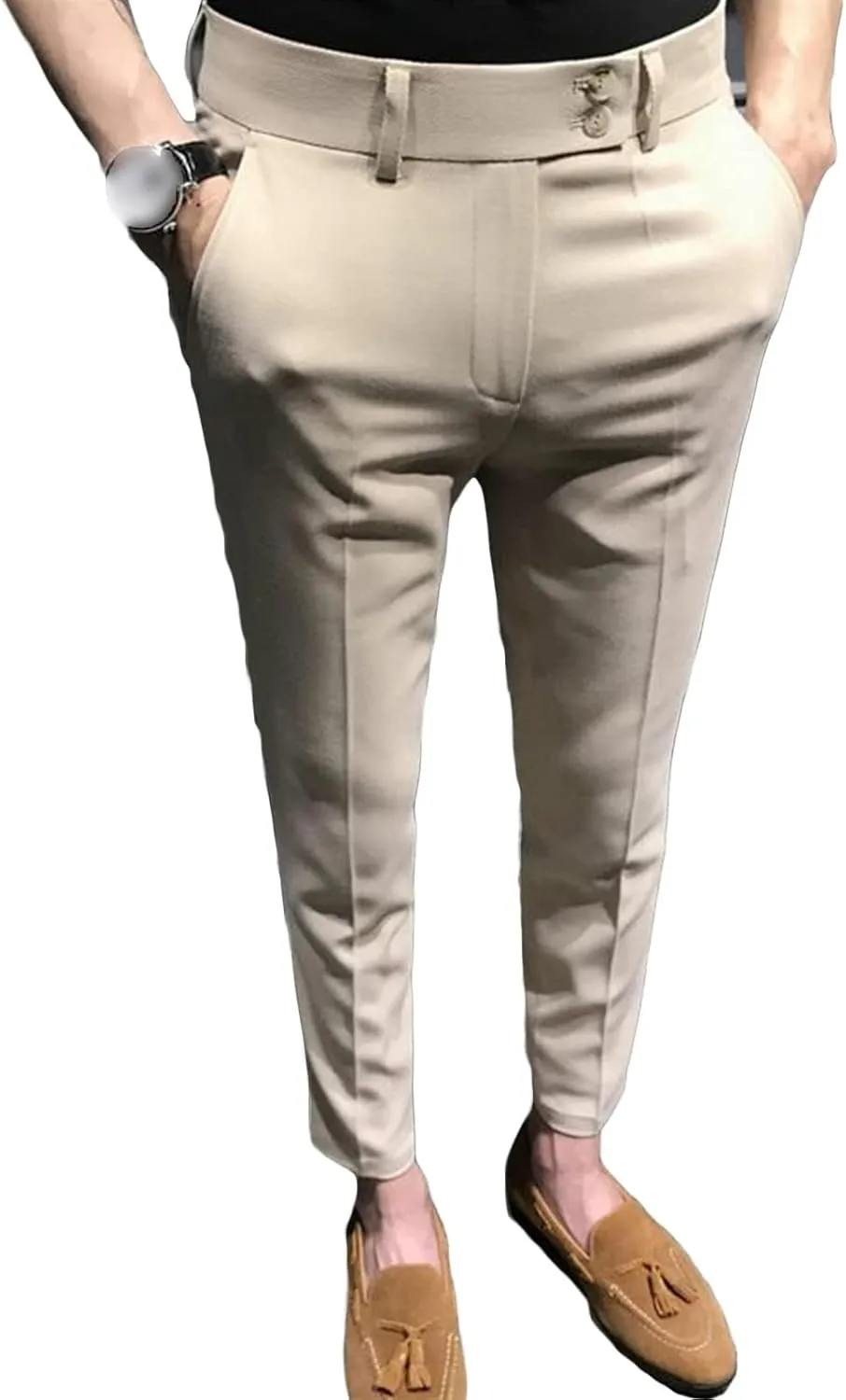 Men's Chino Flat-Front Slim-Fit Pant Stretch Business Suit Pants Comfy Casual Straight Pants (33,Khaki)