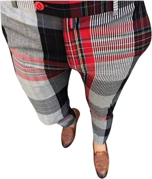 Mens Chinos Pants Plaid Striped Slim Fit Stretch Flat-Front Skinny Dress Pants Business Work Casual Zip Pencil Trousers Red