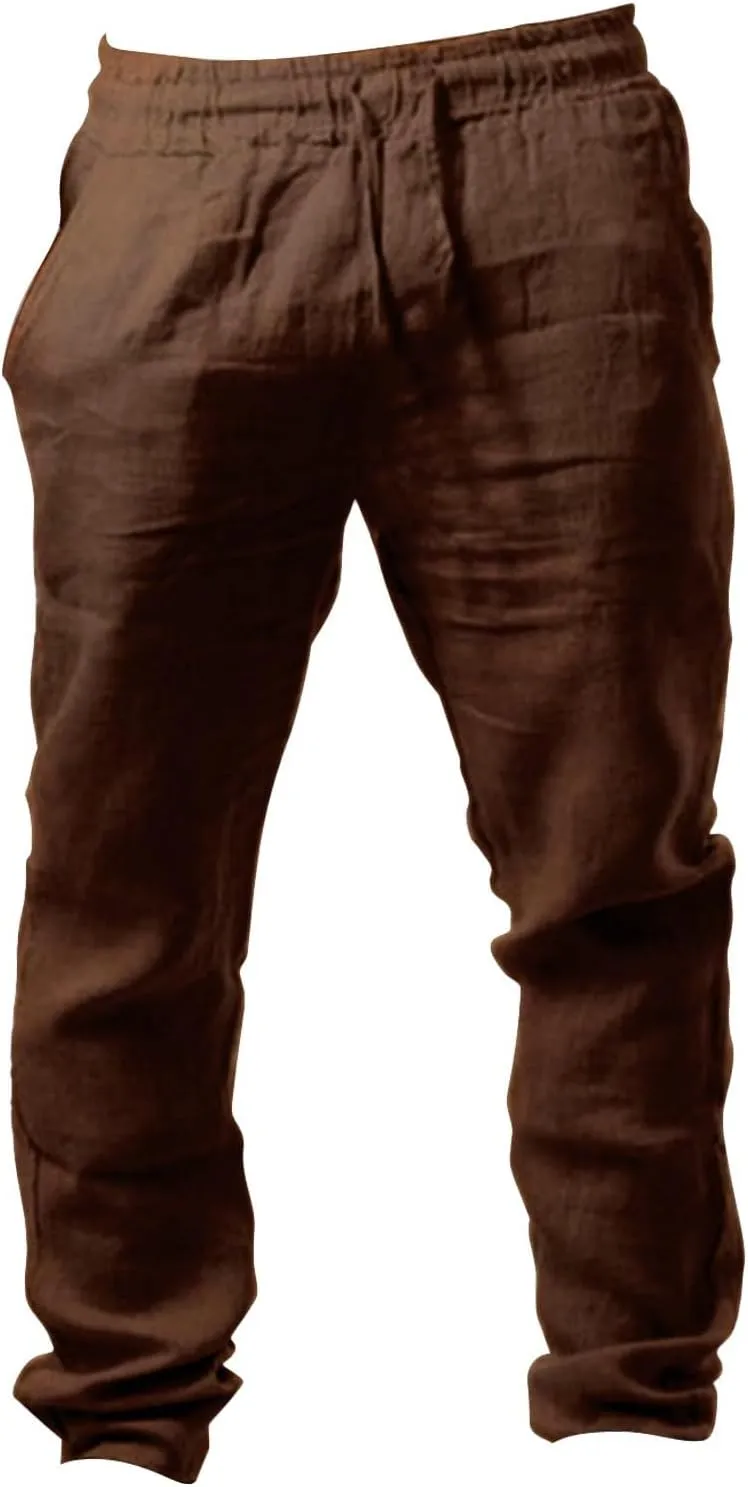 Mens Cotton Linen Pants Lightweight Drawstring Elastic Waist Trouser Wide Leg Joggers Hiking Sweatpants Yoga Pants