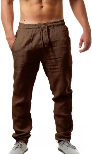 Mens Cotton Linen Pants Lightweight Drawstring Elastic Waist Trouser Wide Leg Joggers Hiking Sweatpants Yoga Pants