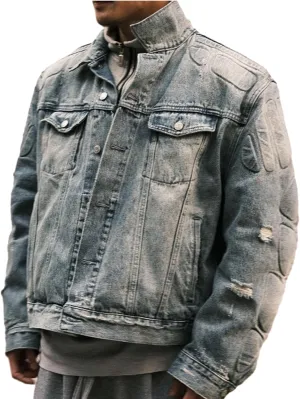 Men's High Street Washed Ripped Armor &Jeans Hip Hop Vintage Metal Button Down Jean Jacket For Unisex