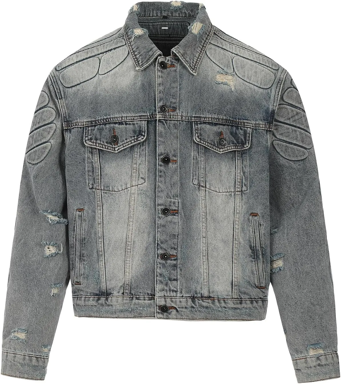 Men's High Street Washed Ripped Armor &Jeans Hip Hop Vintage Metal Button Down Jean Jacket For Unisex
