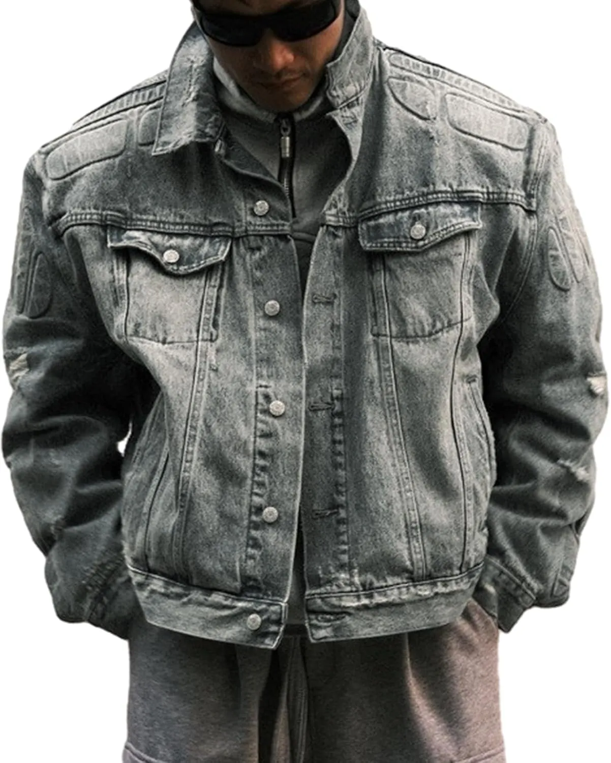 Men's High Street Washed Ripped Armor &Jeans Hip Hop Vintage Metal Button Down Jean Jacket For Unisex