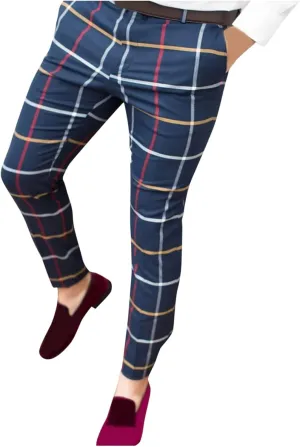 Mens Plaid Chino Pants Skinny Slim Fit Stretchy Checkered Striped Business Casual Dress Pants Straight Tapered Trousers Dark Blue