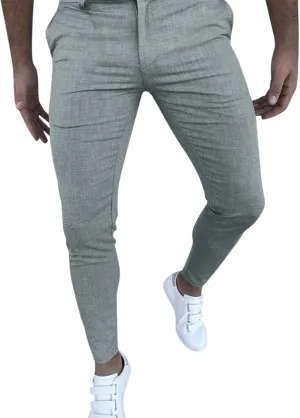 Men's Plaid Slim Fit Dress Pants Skinny Stretch Casual Work Business Pants Flat-Front Pocket Solid Color Pencil Trousers