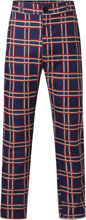 Men's Plaid Slim Fit Dress Pants Stretch Flat-Front Business Casual Pants Skinny Elastic Expandable-Waist Chinos Trousers Navy