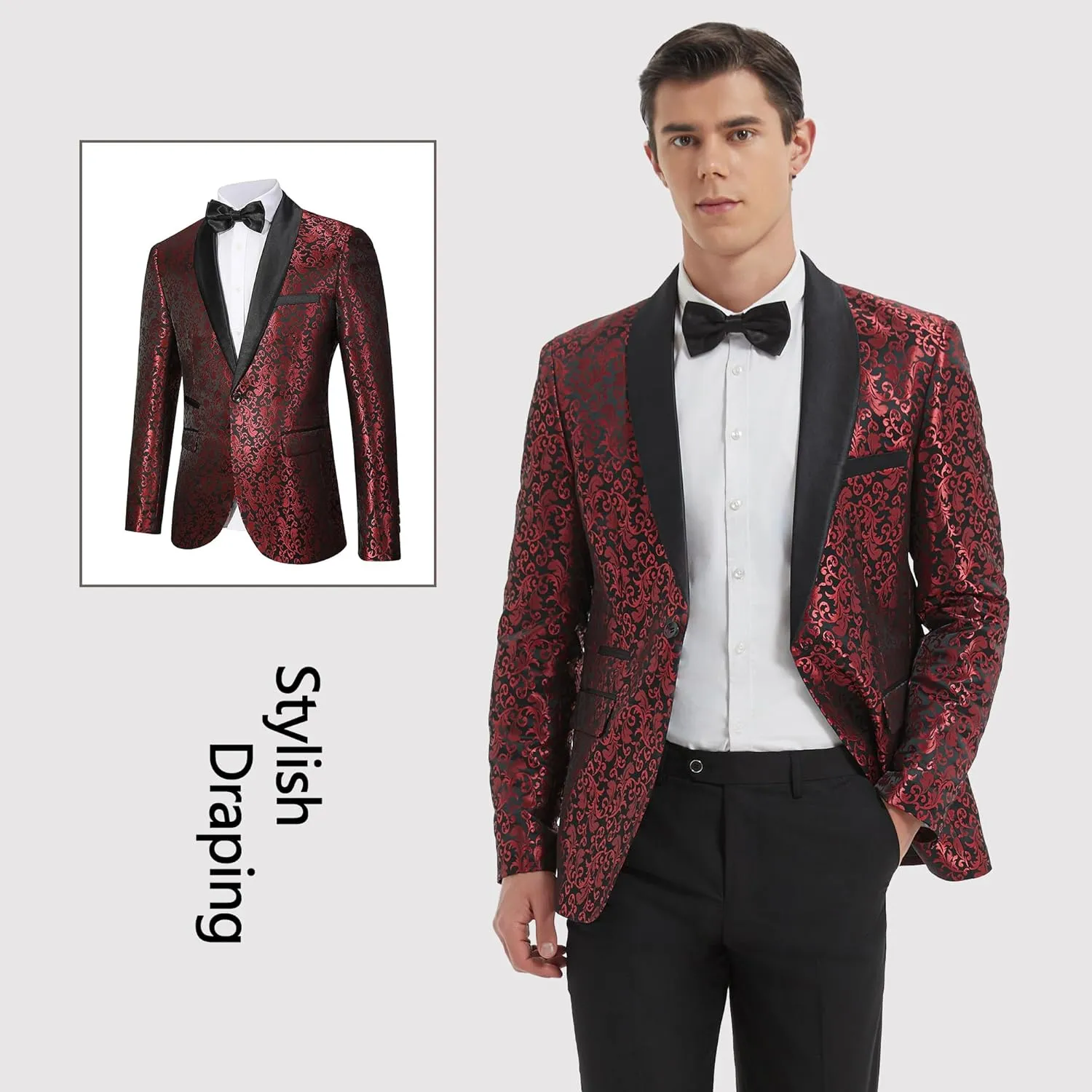 Men's Slim Fit 2 Pieces Tuxedo Shawl Lapel Suits Paisley Jacket Pants Set for Wedding Prom Dinner Party