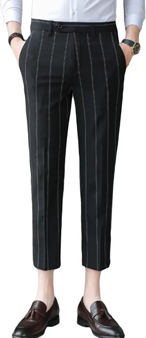 Men's Slim Fit Dress Pants Chinos Plaid Striped Stretch Pant Flat-Front Skinny Business Pencil Long Pants (34,Black)