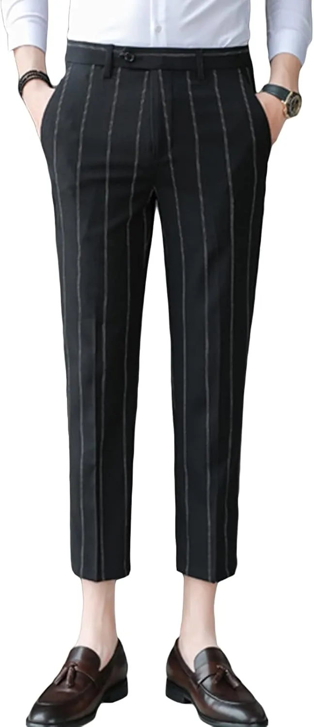 Men's Slim Fit Dress Pants Chinos Plaid Striped Stretch Pant Flat-Front Skinny Business Pencil Long Pants (34,Black)