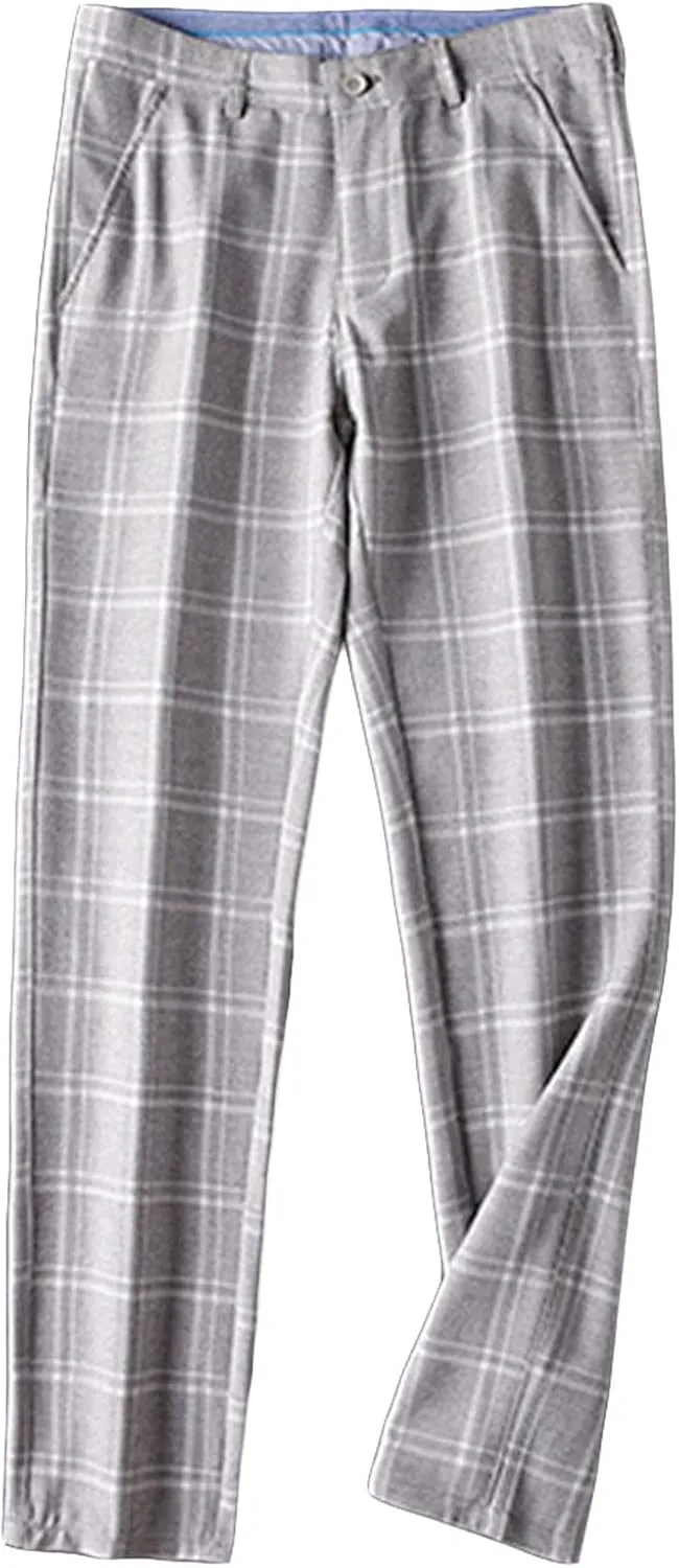 Men's Slim-Fit Flat-Front Dress Pant Straight Fit Plaid Stretch Skinny Casual Business Dress Chinos Pants (30,Light Grey)