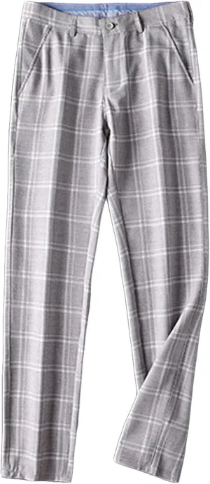 Men's Slim-Fit Flat-Front Dress Pant Straight Fit Plaid Stretch Skinny Casual Business Dress Chinos Pants (30,Light Grey)