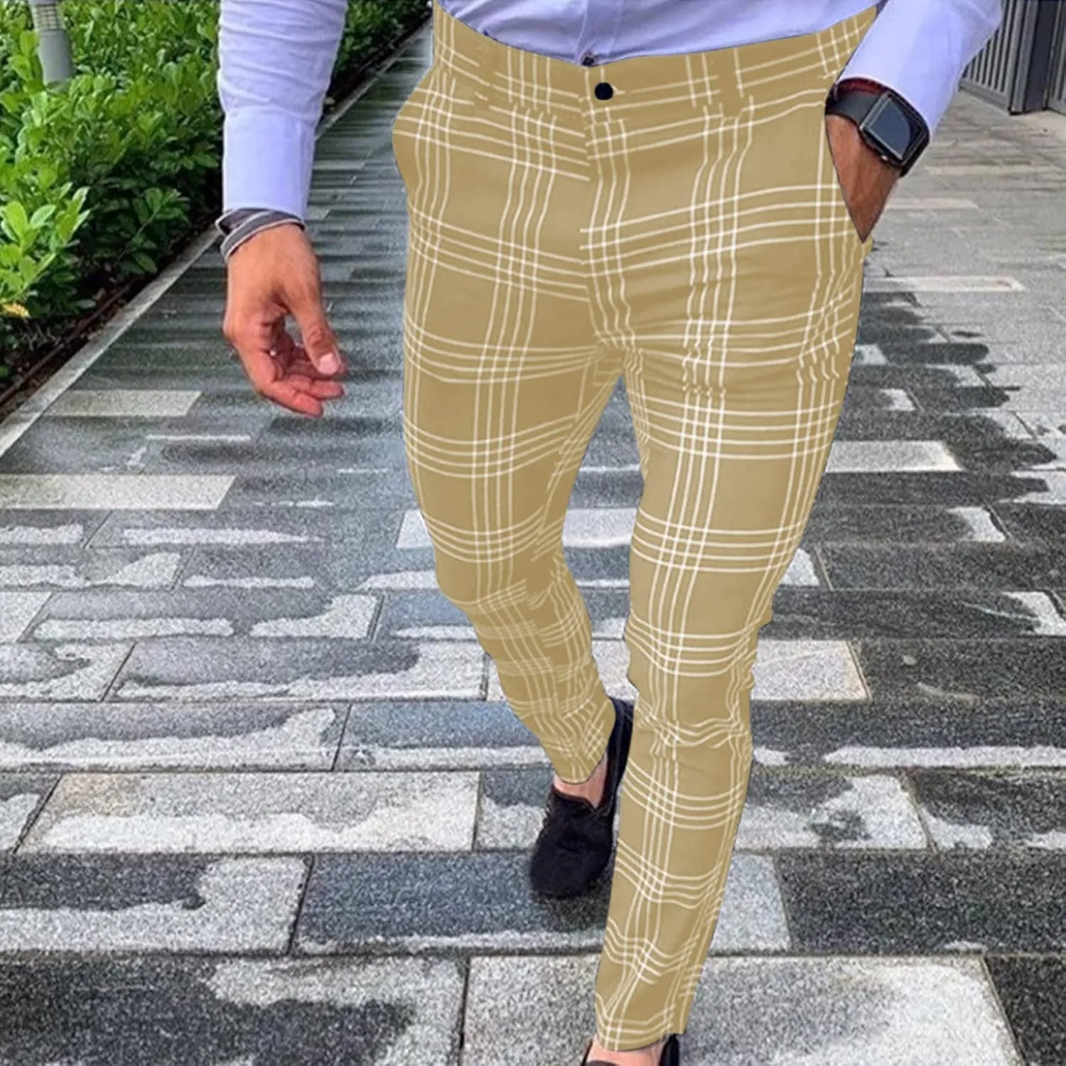 Men's Slim Fit Plaid Pants Stretch Chinos Flat Front Tapered Skinny Pencil Trousers Pockets Casual Business Work Dress Pants