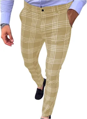 Men's Slim Fit Plaid Pants Stretch Chinos Flat Front Tapered Skinny Pencil Trousers Pockets Casual Business Work Dress Pants