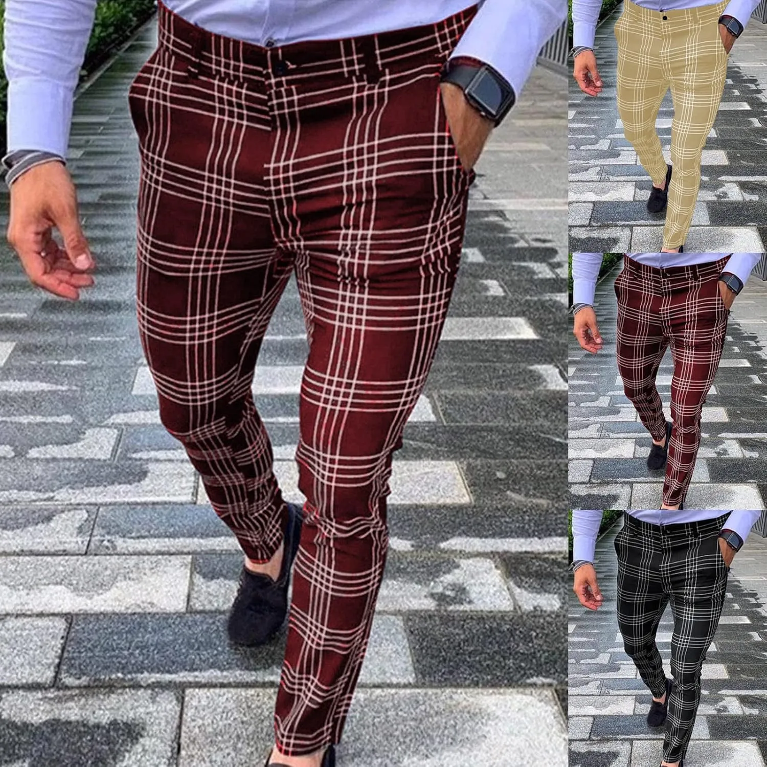 Men's Slim Fit Plaid Pants Stretch Chinos Flat Front Tapered Skinny Pencil Trousers Pockets Casual Business Work Dress Pants