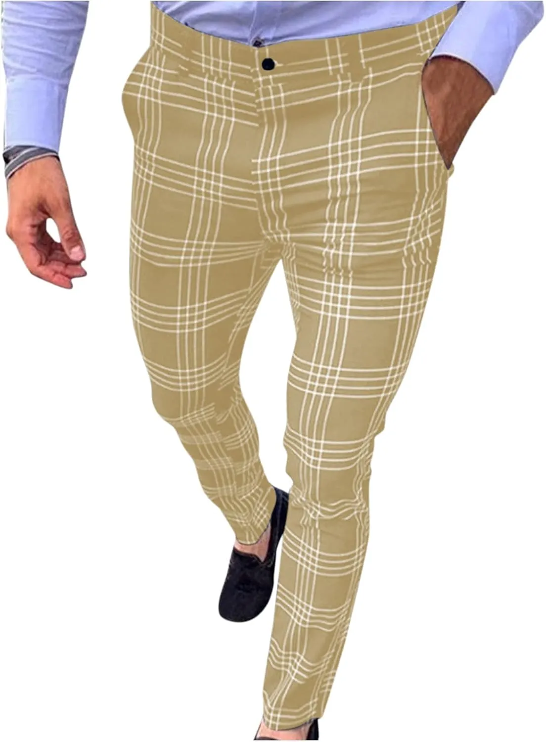 Men's Slim Fit Plaid Pants Stretch Chinos Flat Front Tapered Skinny Pencil Trousers Pockets Casual Business Work Dress Pants