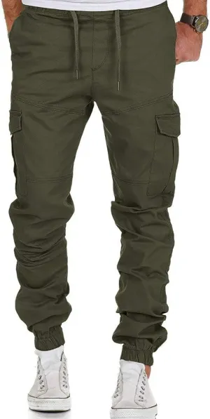 Mens Slim Fit Tapered Pants Flap Pocket Drawstring Elastic Waist Ripstop Cargo Joggers Stretch Chino Casul Work Trousers Army Green