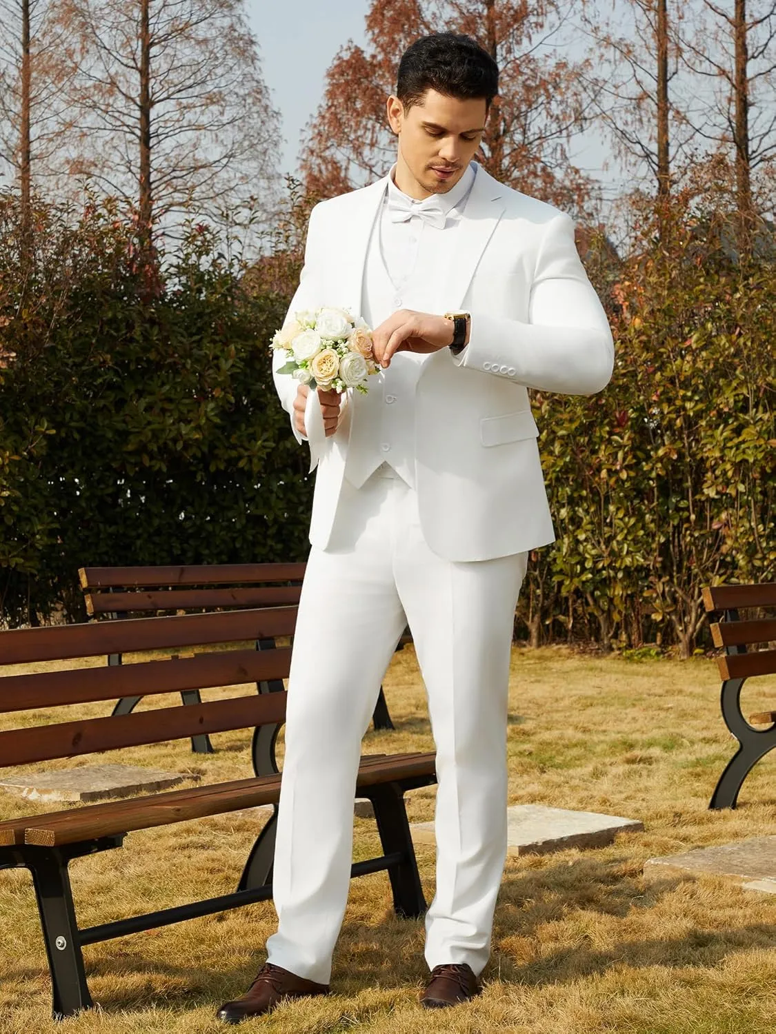 Mens Suit Tuxedo Set Slim Fit Suits 3 Piece One Button Prom Wedding Blazer Vest Pants with Bow Tie