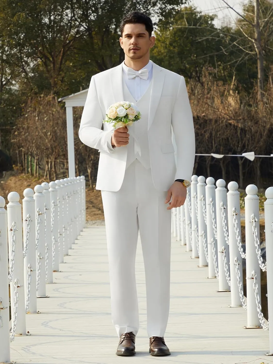 Mens Suit Tuxedo Set Slim Fit Suits 3 Piece One Button Prom Wedding Blazer Vest Pants with Bow Tie