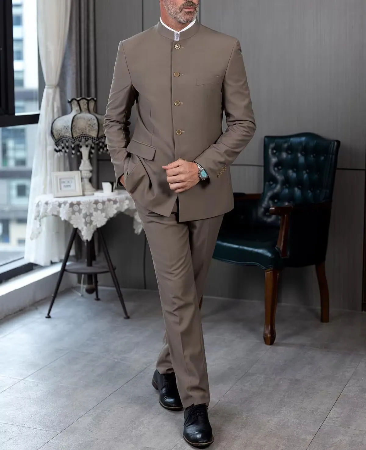 Men's Suits Stand Mandarin Collar Suit 2 Piece Men Slim Fit Chinese Tunic Suits Jacket Pant Set