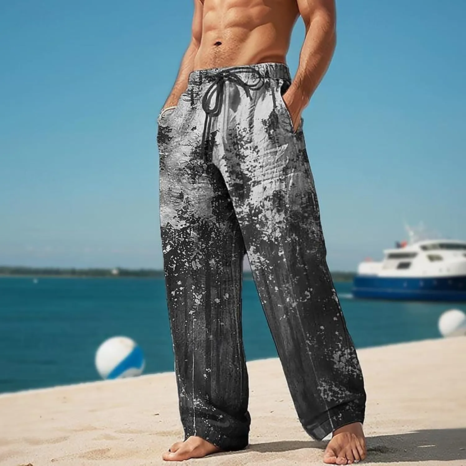 Mens Summer Casual Beach Pants Drawstring Elastic Waisted 3D Printed Fashion Trousers Holiday Vacation Combat Streetwear 2024