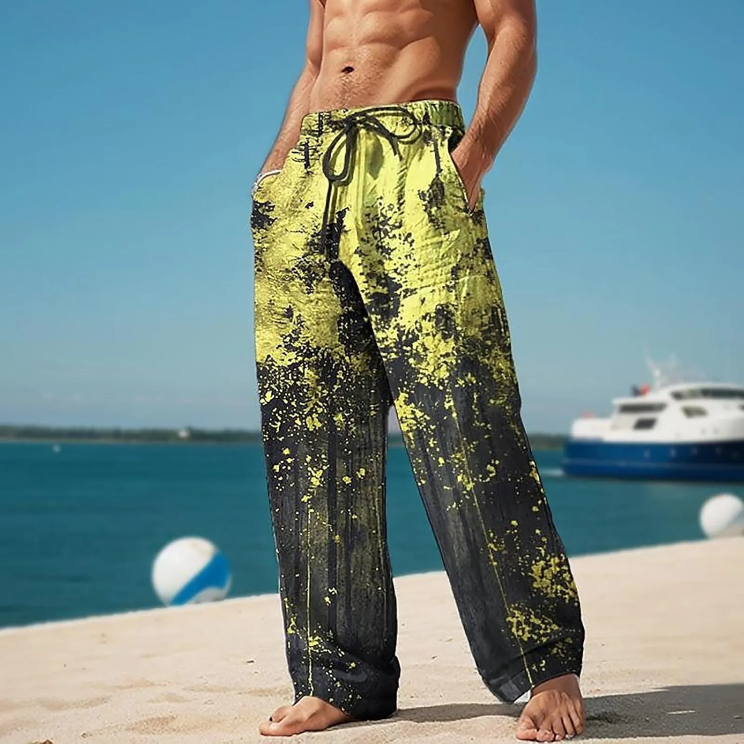 Mens Summer Casual Beach Pants Drawstring Elastic Waisted 3D Printed Fashion Trousers Holiday Vacation Combat Streetwear 2024