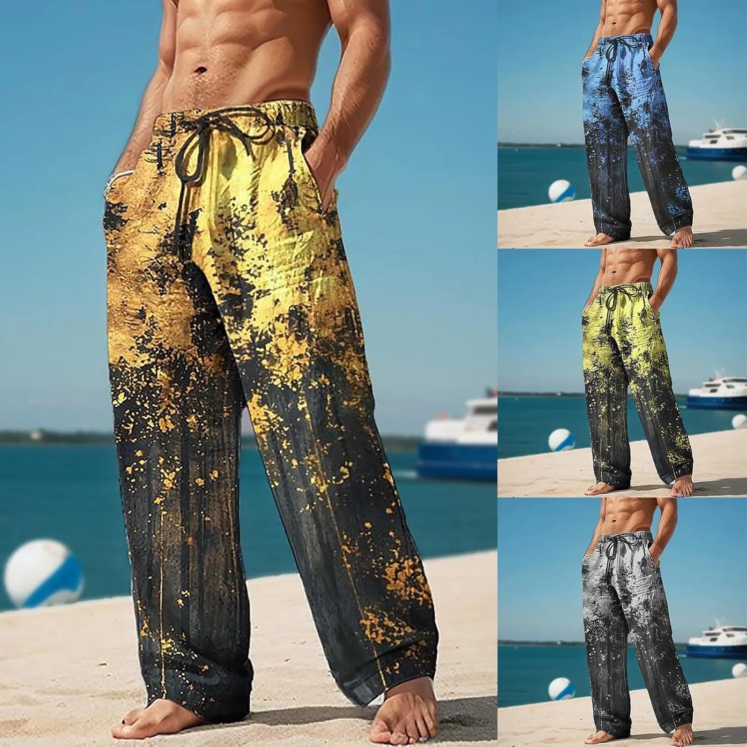 Mens Summer Casual Beach Pants Drawstring Elastic Waisted 3D Printed Fashion Trousers Holiday Vacation Combat Streetwear 2024