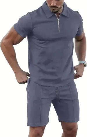Men's Tracksuit 2 Piece Quarter Zip Sweatsuit Sets Short Sleeve Golf Polo Shirts Summer Shorts Loungewear