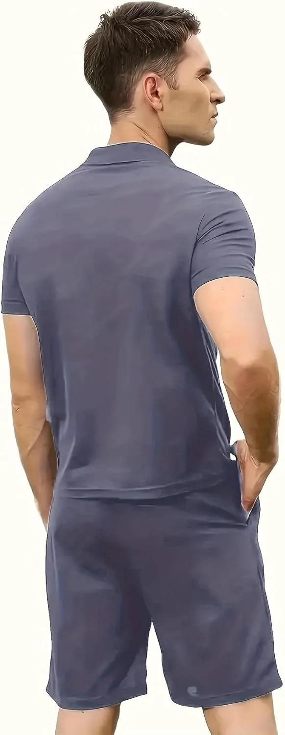 Men's Tracksuit 2 Piece Quarter Zip Sweatsuit Sets Short Sleeve Golf Polo Shirts Summer Shorts Loungewear