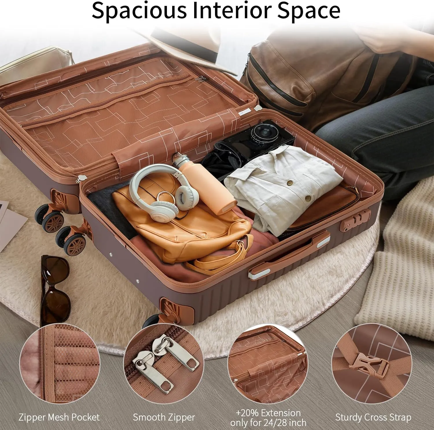 Merax Suitcases 4 Piece with Spinner Wheels Hardshell Luggage Sets with TSA Lock, Brown, 16/20/24/28 Inch & 4 Packing Cubes