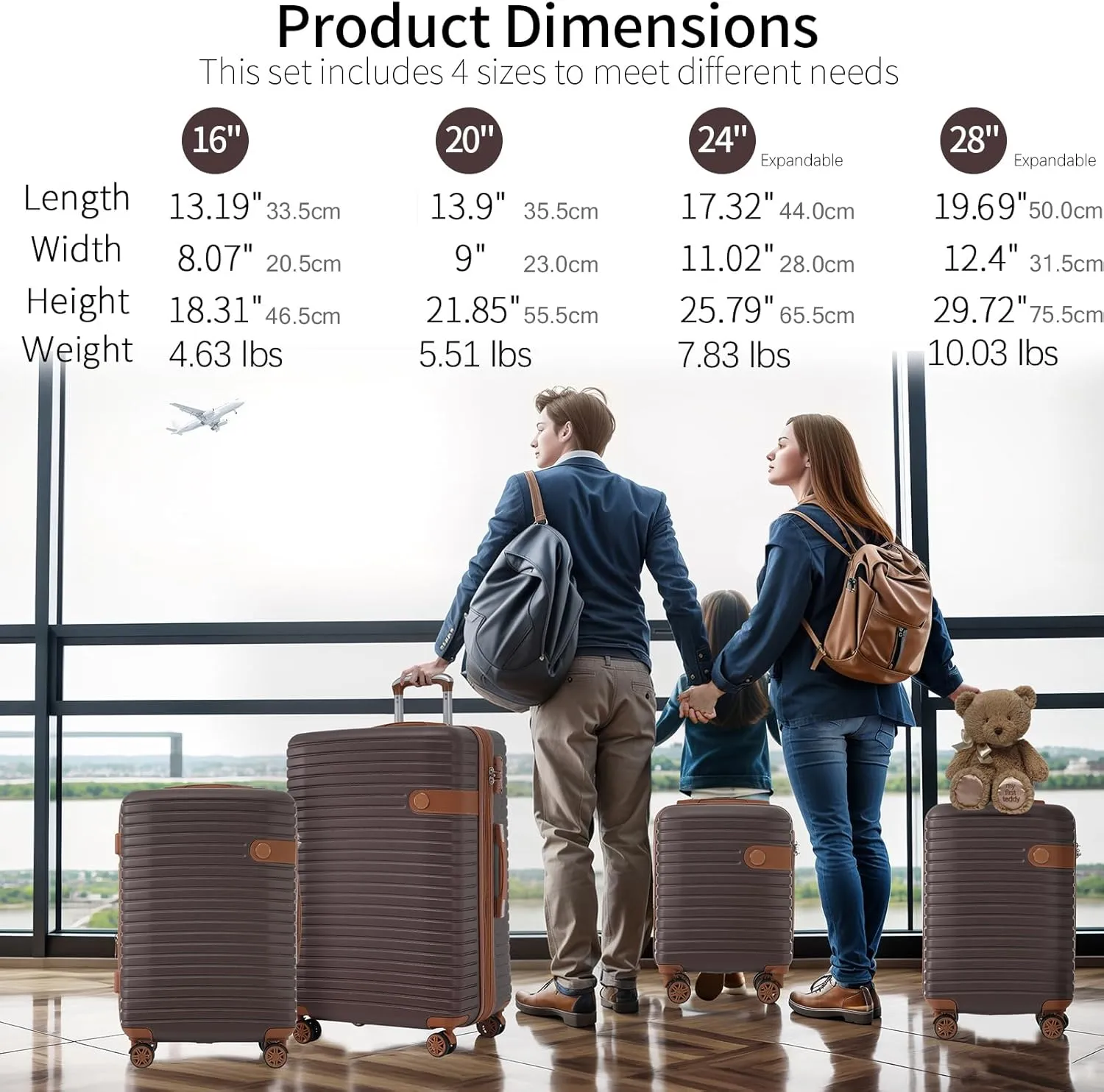 Merax Suitcases 4 Piece with Spinner Wheels Hardshell Luggage Sets with TSA Lock, Brown, 16/20/24/28 Inch & 4 Packing Cubes