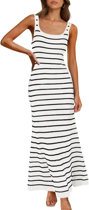 MEROKEETY Women's 2025 Sleeveless Summer Tank Dress Striped Bodycon Maxi Dress Square Neck Ribbed Knitted Sundress