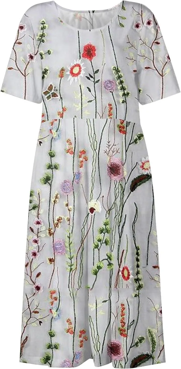 Midi Dresses for Women,Short Sleeve Elegant Formal Ruched Flowy Trendy Plus Size Casual Summer Wedding Guest Dress