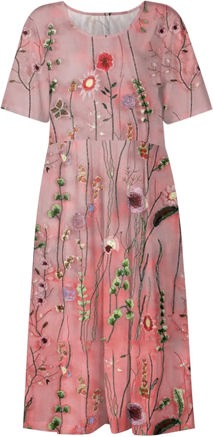 Midi Dresses for Women,Short Sleeve Elegant Formal Ruched Flowy Trendy Plus Size Casual Summer Wedding Guest Dress