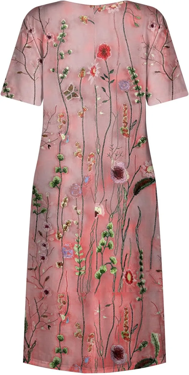 Midi Dresses for Women,Short Sleeve Elegant Formal Ruched Flowy Trendy Plus Size Casual Summer Wedding Guest Dress