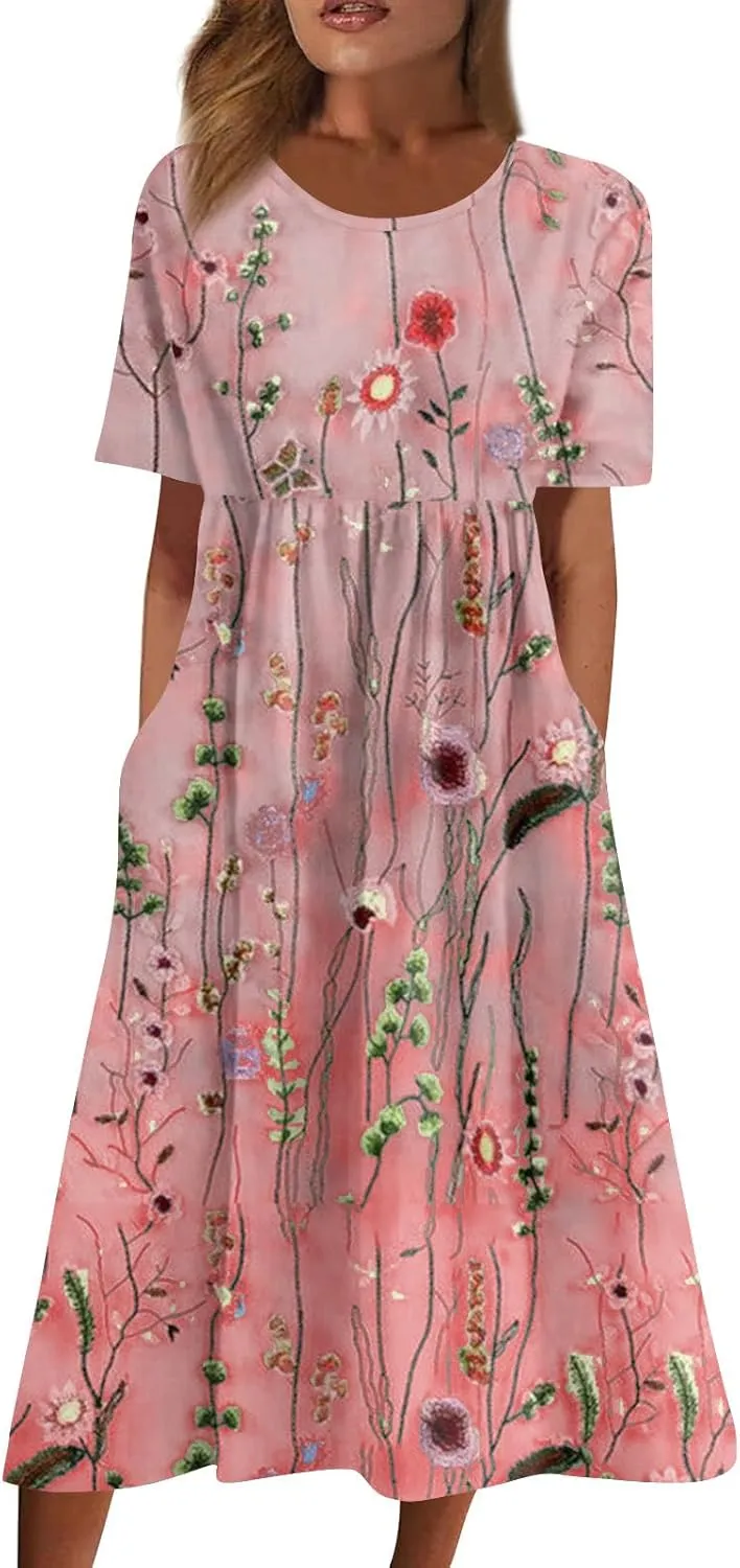 Midi Dresses for Women,Short Sleeve Elegant Formal Ruched Flowy Trendy Plus Size Casual Summer Wedding Guest Dress