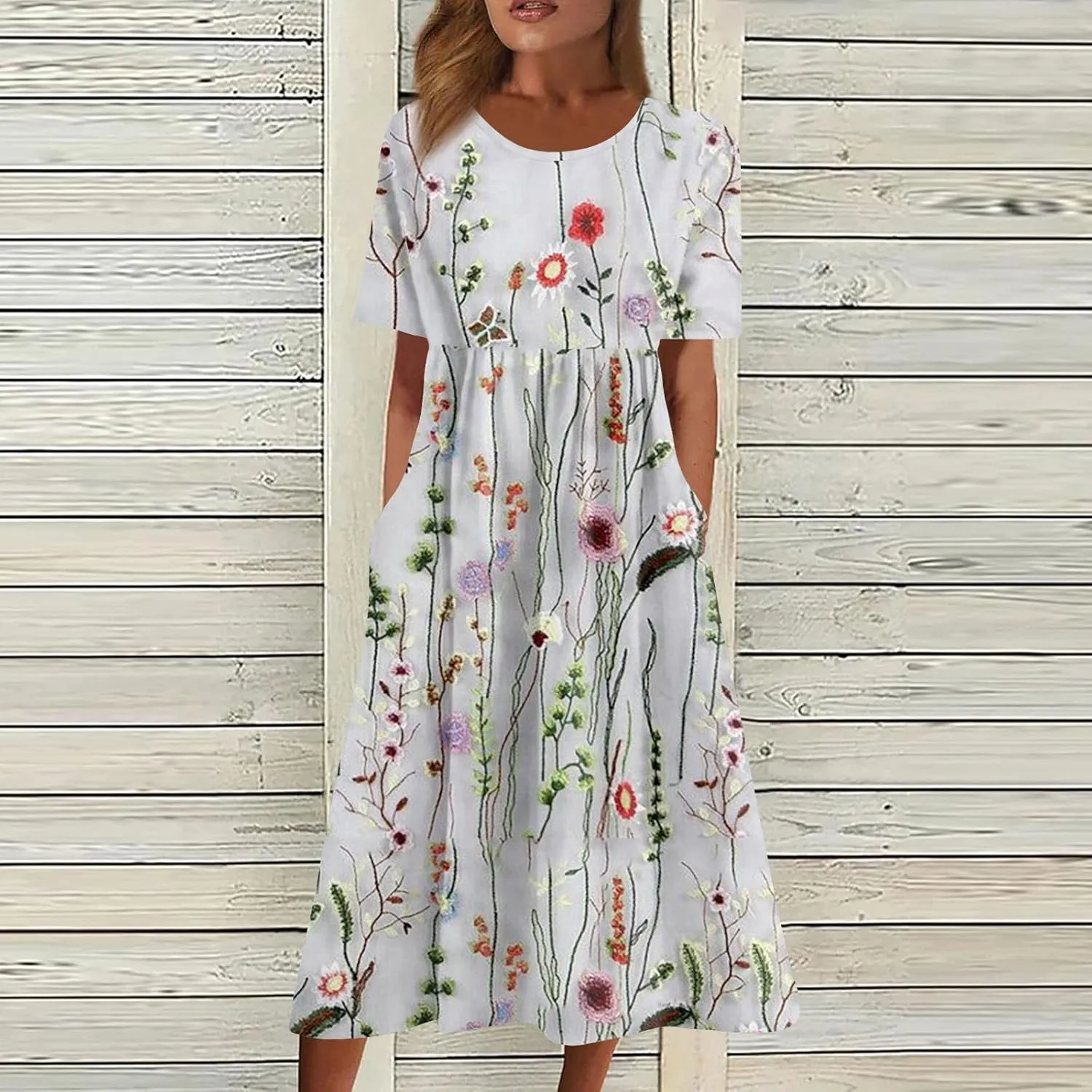 Midi Dresses for Women,Short Sleeve Elegant Formal Ruched Flowy Trendy Plus Size Casual Summer Wedding Guest Dress