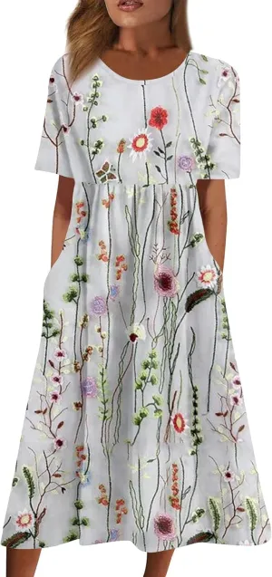 Midi Dresses for Women,Short Sleeve Elegant Formal Ruched Flowy Trendy Plus Size Casual Summer Wedding Guest Dress