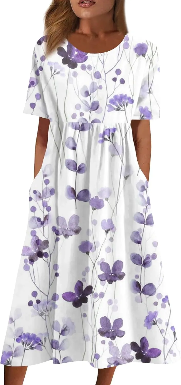 Midi Dresses for Women,Short Sleeve Elegant Formal Ruched Flowy Trendy Plus Size Casual Summer Wedding Guest Dress