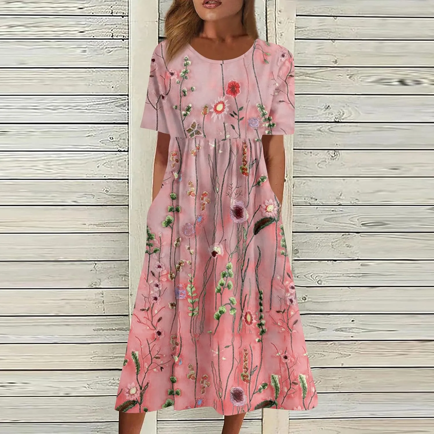 Midi Dresses for Women,Short Sleeve Elegant Formal Ruched Flowy Trendy Plus Size Casual Summer Wedding Guest Dress