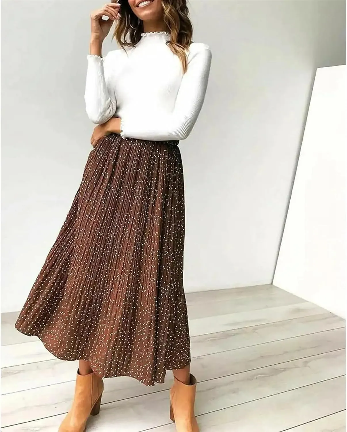 Midi Pleated Skirts for Women Polka Dot Swing High Waist Maxi Skirt with Pockets Dresses